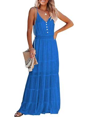 〽️Lake Blue Women's Spaghetti Strap V Neck Maxi Dress Flowy Summer Sundress